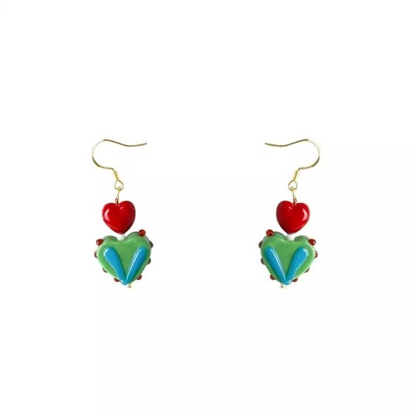 Vintage Faux Ceramic Heart Unique Blue Square Round Face Temperament Earrings - Picture 1 of 4